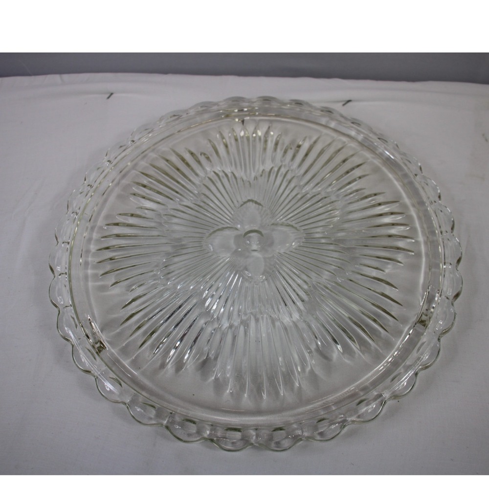 Indiana Glass Footed Cake Plate Floral Flower Sunburst 11" 70s Serving Dish